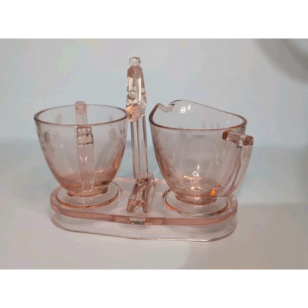Pink Depression Etched Glass 3-Piece Set: Sugar, Creamer, &  tray coffee tea